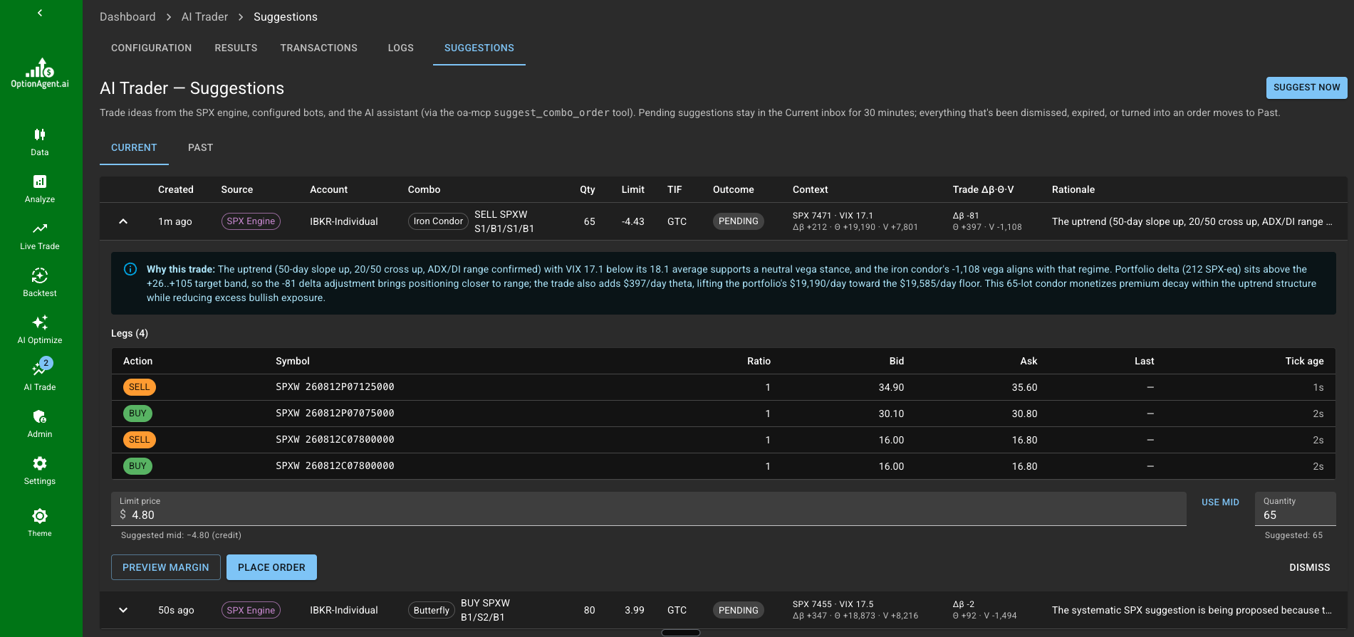 OptionAgent AI Trader — Suggestions: a proposed SPX iron condor with greeks, rationale, and order controls.