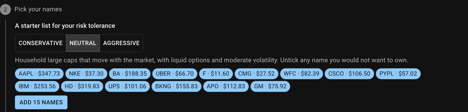 Step 2 of the Getting started page: a starter list for your risk tolerance