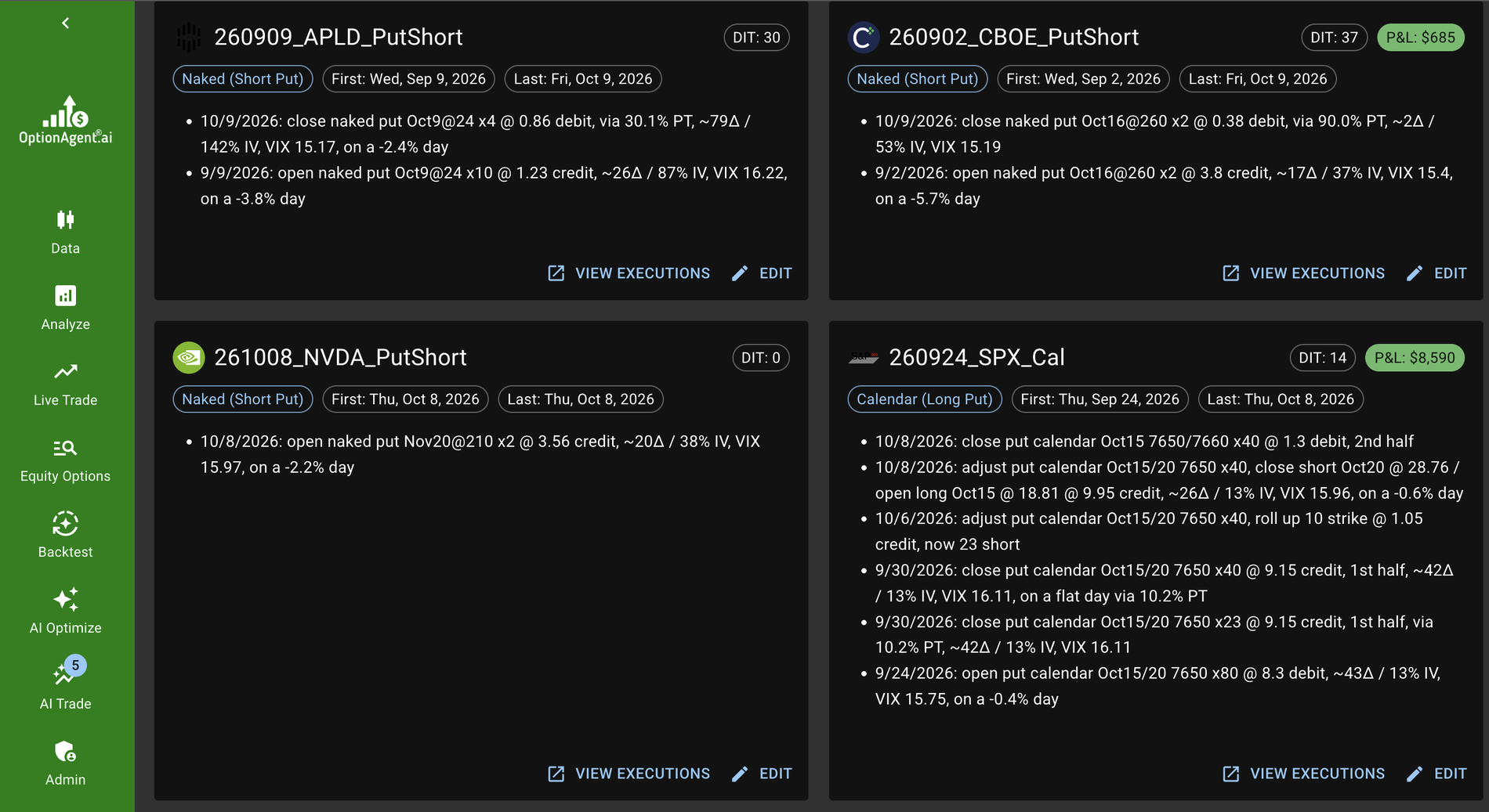 OptionAgent Trade Notes: trades with their automatically written notes, one dated line per open, adjustment and close.